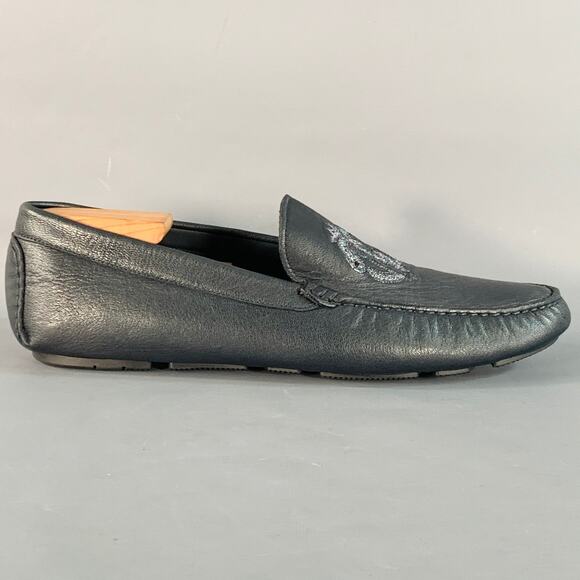 ROBERTO CAVALLI Size 11.5 Navy Silver Logo Embroidery Leather Drivers Loafers - Picture 2 of 8